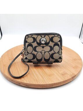 Coach Peyton Signature Coated Canvas Wristlet Khaki Saddle Canvas Mini Wallet